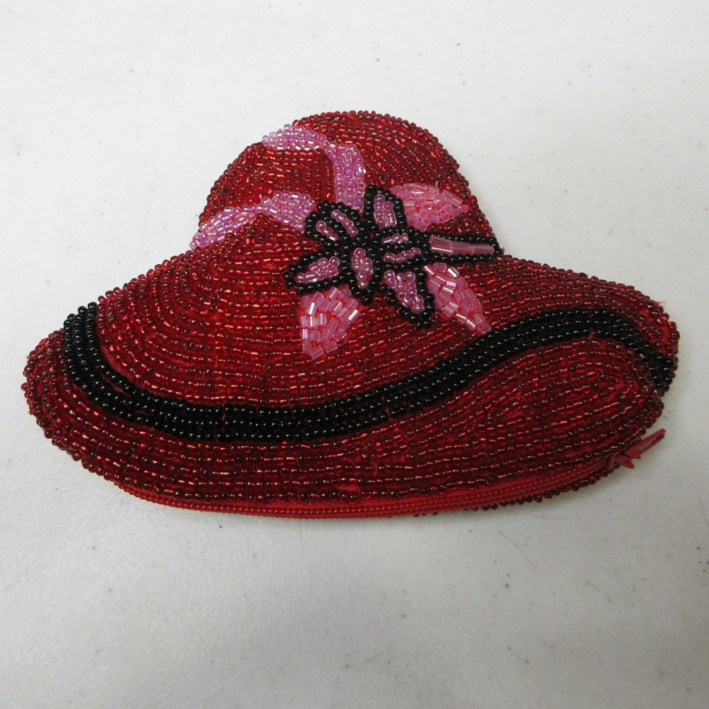Vintage Red Beaded Hat Shaped Coin Purse Pouch with Black & Pink Flower Accent